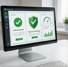Laptop mit Sicherheitssymbol für Virenschutz