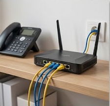 Router und Telefonanschluss mit angeschlossenen Kabeln